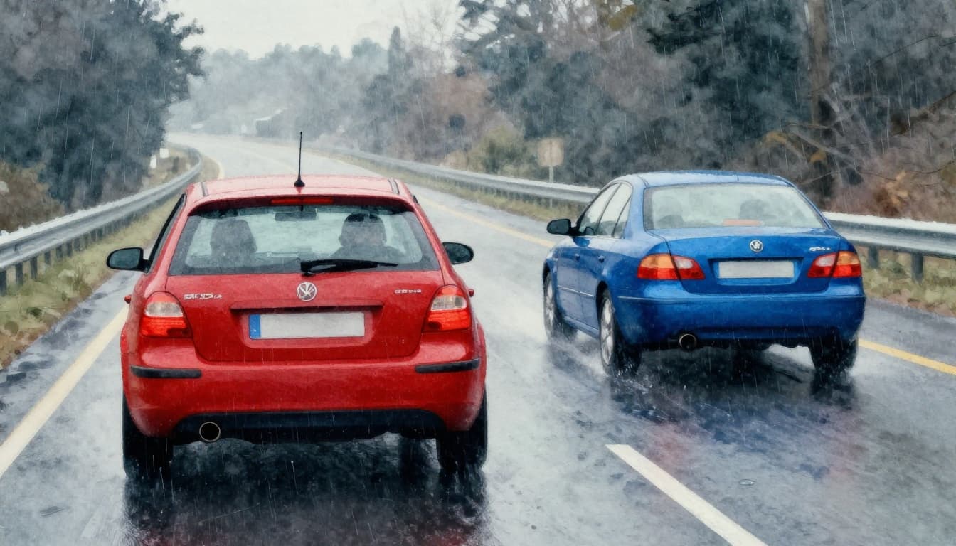 Red car closely tailgating a blue sedan at high speed on a rainy evening highway, with swerving lane change in background, in watercolor style.