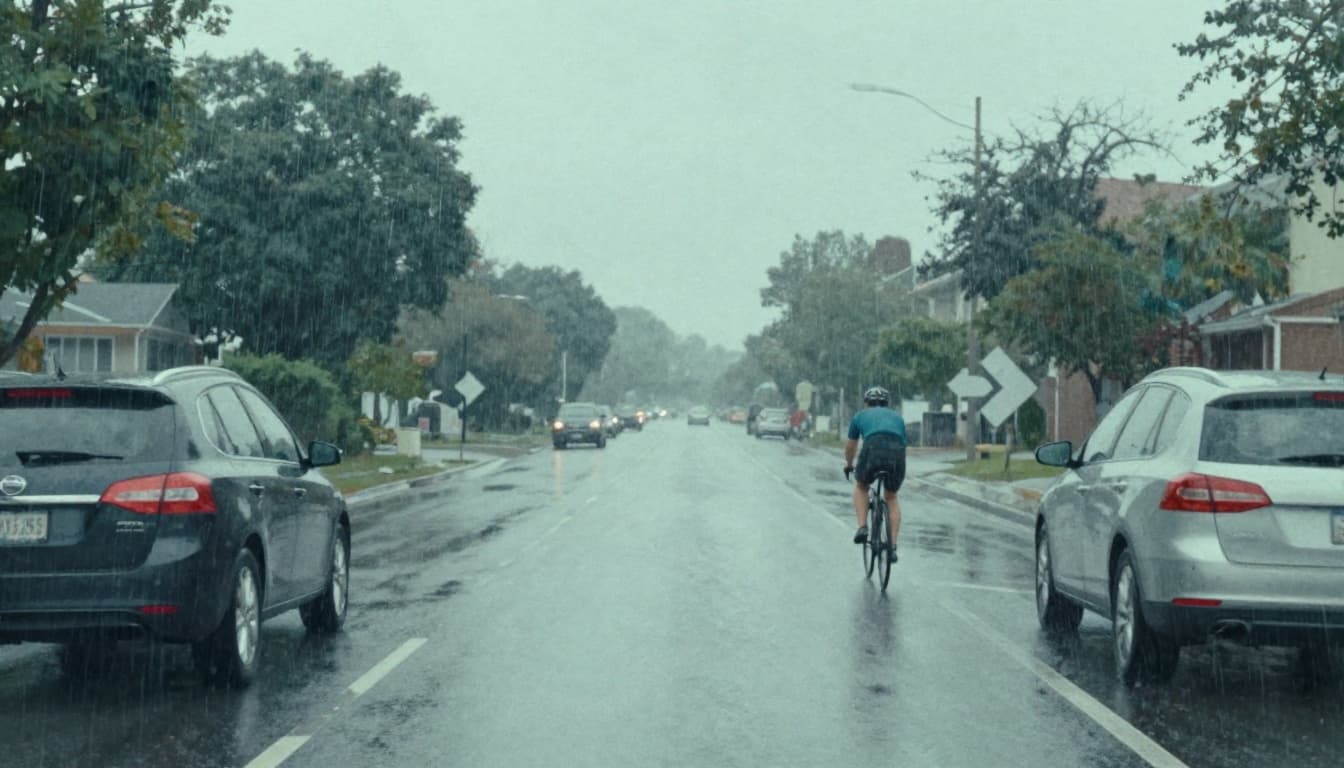 From the driver's perspective on a wet suburban street in light rain, a cyclist emerges from a blind spot near parked cars, implied hazard via composition in watercolor style with soft blending and overcast lighting.