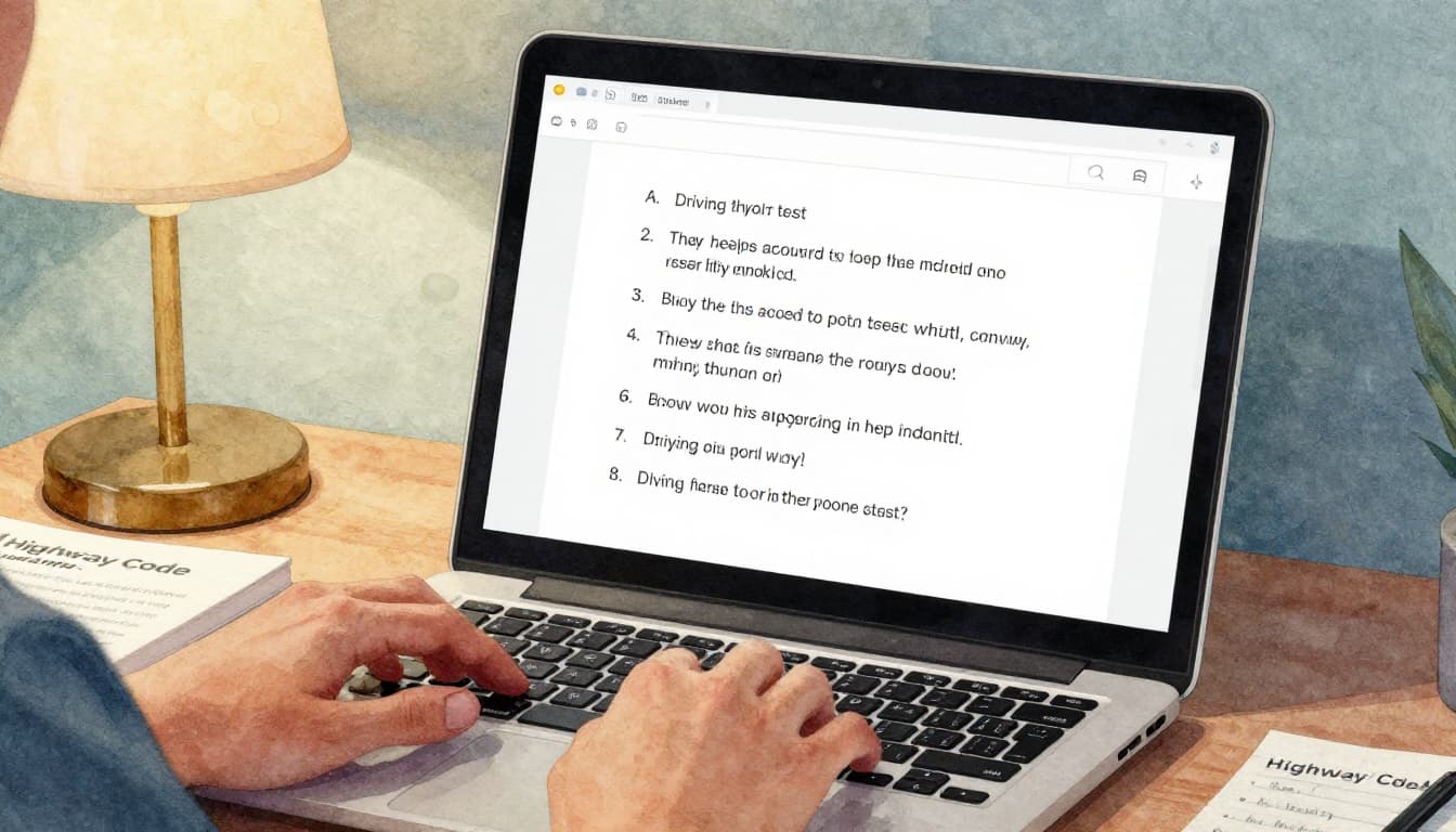 A person practices driving theory test questions on a laptop in a cozy home office, taking notes with Highway Code book nearby, captured in watercolor style with warm lighting and soft blends.