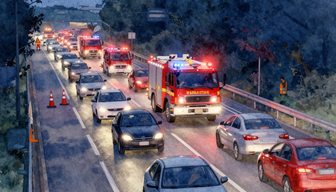 Watercolor style nighttime scene of a fire truck with flashing lights approaching stopped cars in heavy highway traffic, right lane vehicles merging left to yield, cones and workers ahead.