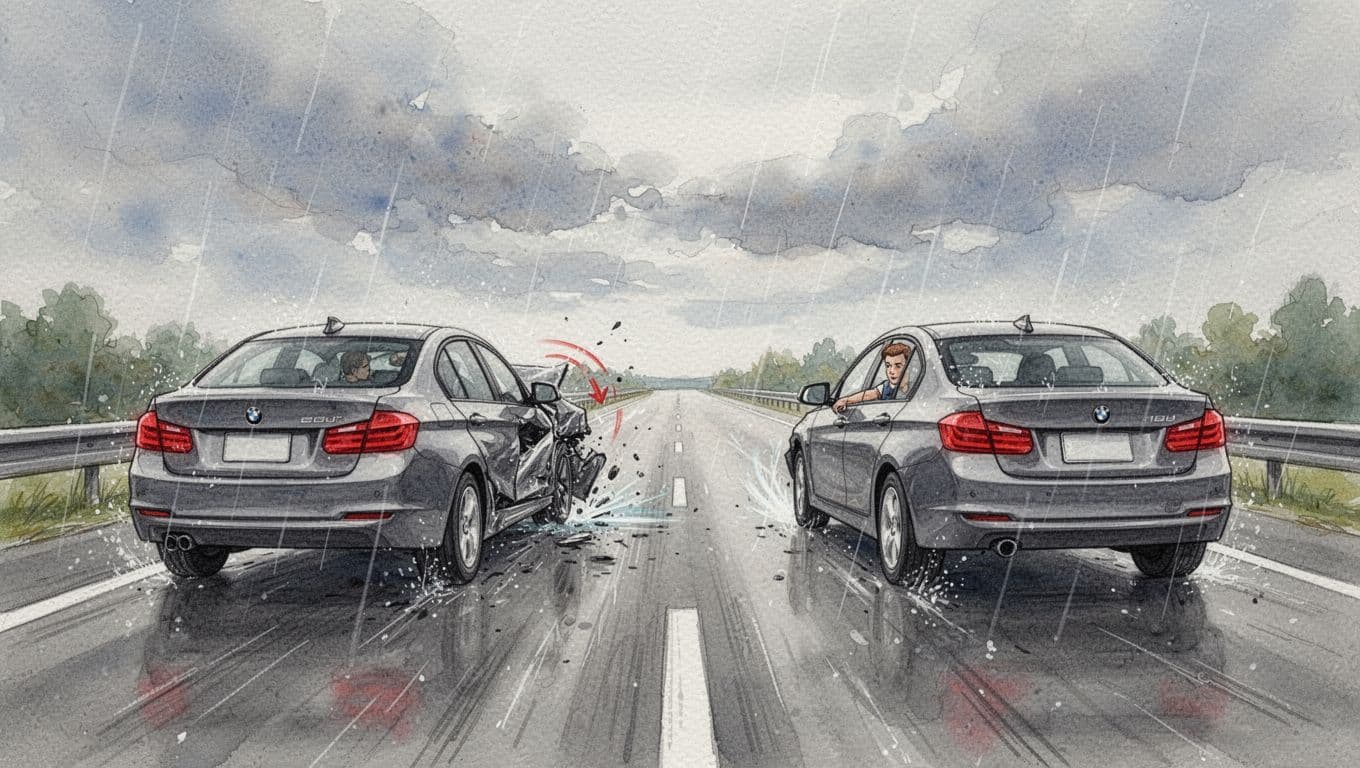 Watercolor illustration of a tense close call on a rainy highway, where a car merges unsafely from the blind spot, but the vigilant driver notices and safely adjusts lanes, with two cars visible and space between them.