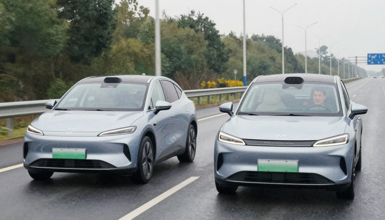 Watercolor-style illustration of a modern electric vehicle on a highway beside a self-driving car with visible sensors, under wet road conditions and soft overcast daylight, with an alert driver in the EV.
