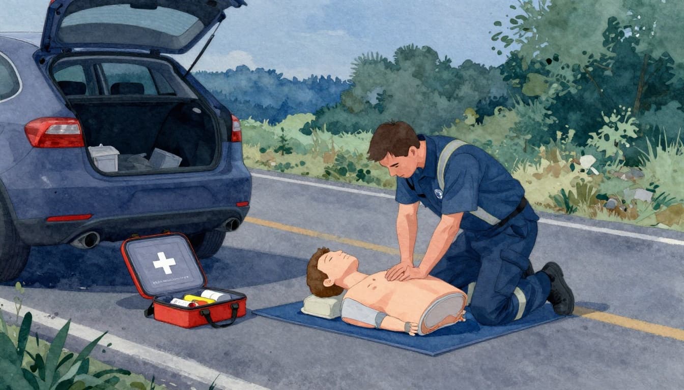 Watercolor illustration of a roadside emergency at dusk with a stopped car, open first aid kit, and one person demonstrating CPR on a dummy in a rural setting.