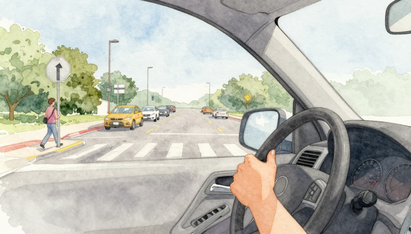 Front view inside car at stop sign in four-way intersection, driver with relaxed hands on wheel scanning left-right-left, clear view of oncoming traffic and pedestrians. Watercolor style with soft blending, visible brush texture, muted earth tones, bright daylight.