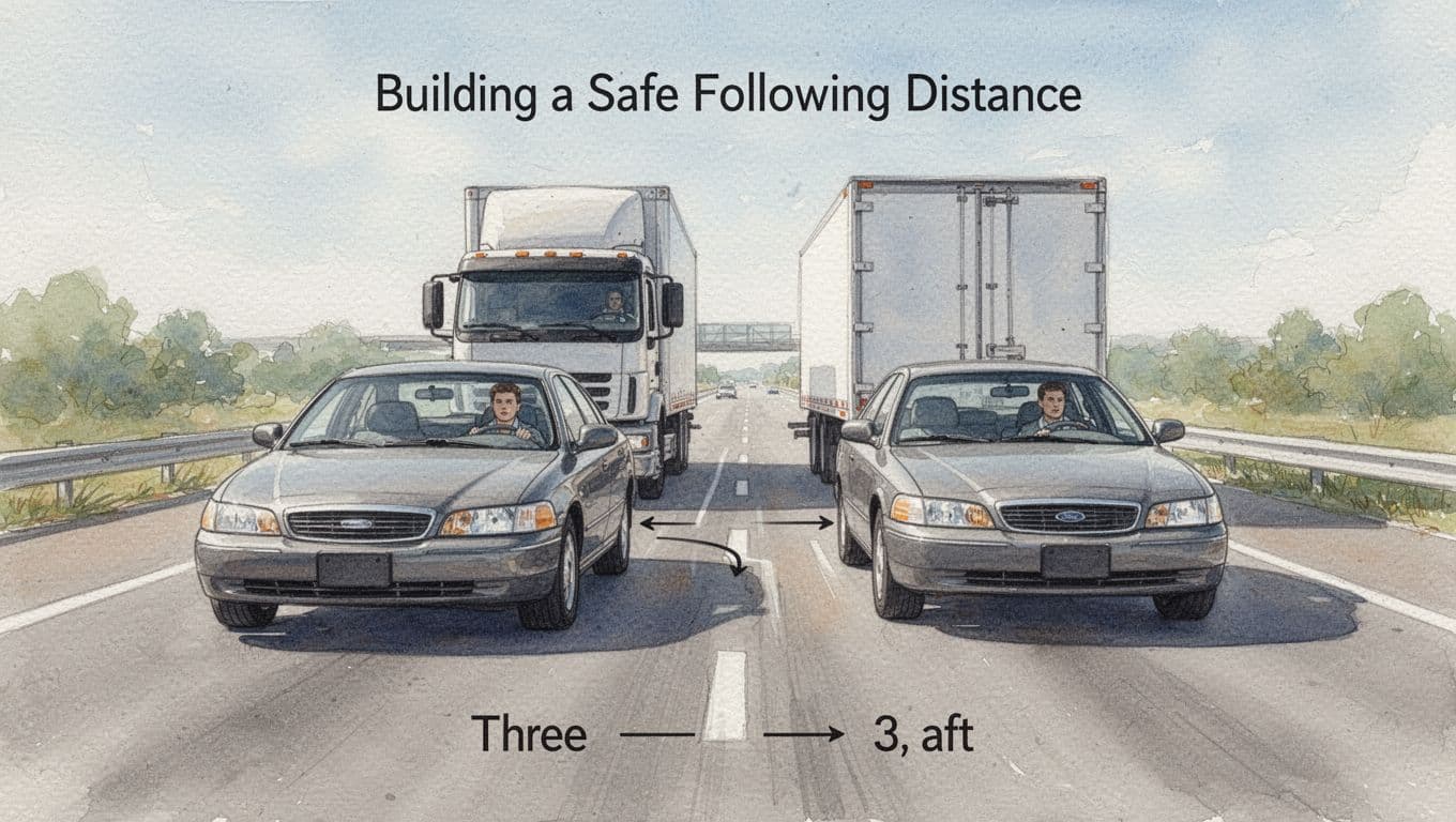 Watercolor illustration of a driver in a sedan maintaining a safe three-second following distance behind a truck on a straight daylight highway, with visible road markings and emphasized space cushion.