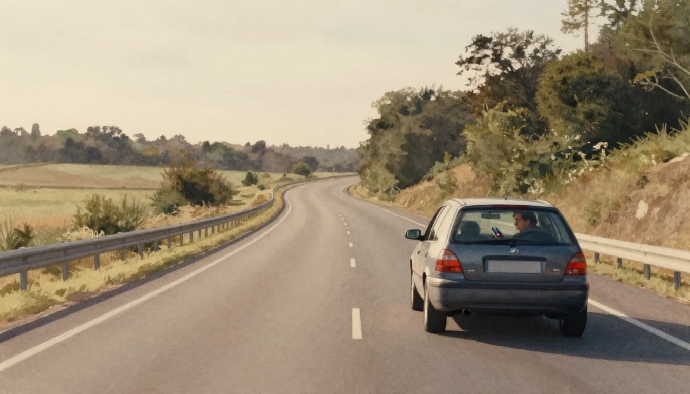 A serene highway curves through countryside at twilight with a single car, its driver glancing at a phone on the passenger seat amid subtle hazard lines ahead. Watercolor style features soft blending, visible brush texture, muted earth tones, and gentle lighting.