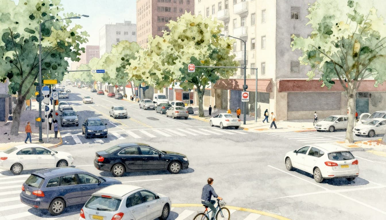 Watercolor depiction of a busy daytime urban intersection highlighting dangers with two cars—one turning left and one speeding—a pedestrian crossing, and a cyclist nearby, amid reduced visibility from trees and signs.
