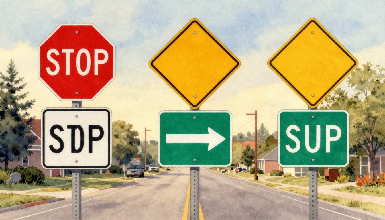 Assortment of three US traffic signs—red octagon stop, yellow diamond warning, green rectangle guide—on a suburban road at dusk, in watercolor style with soft blending and brush textures.