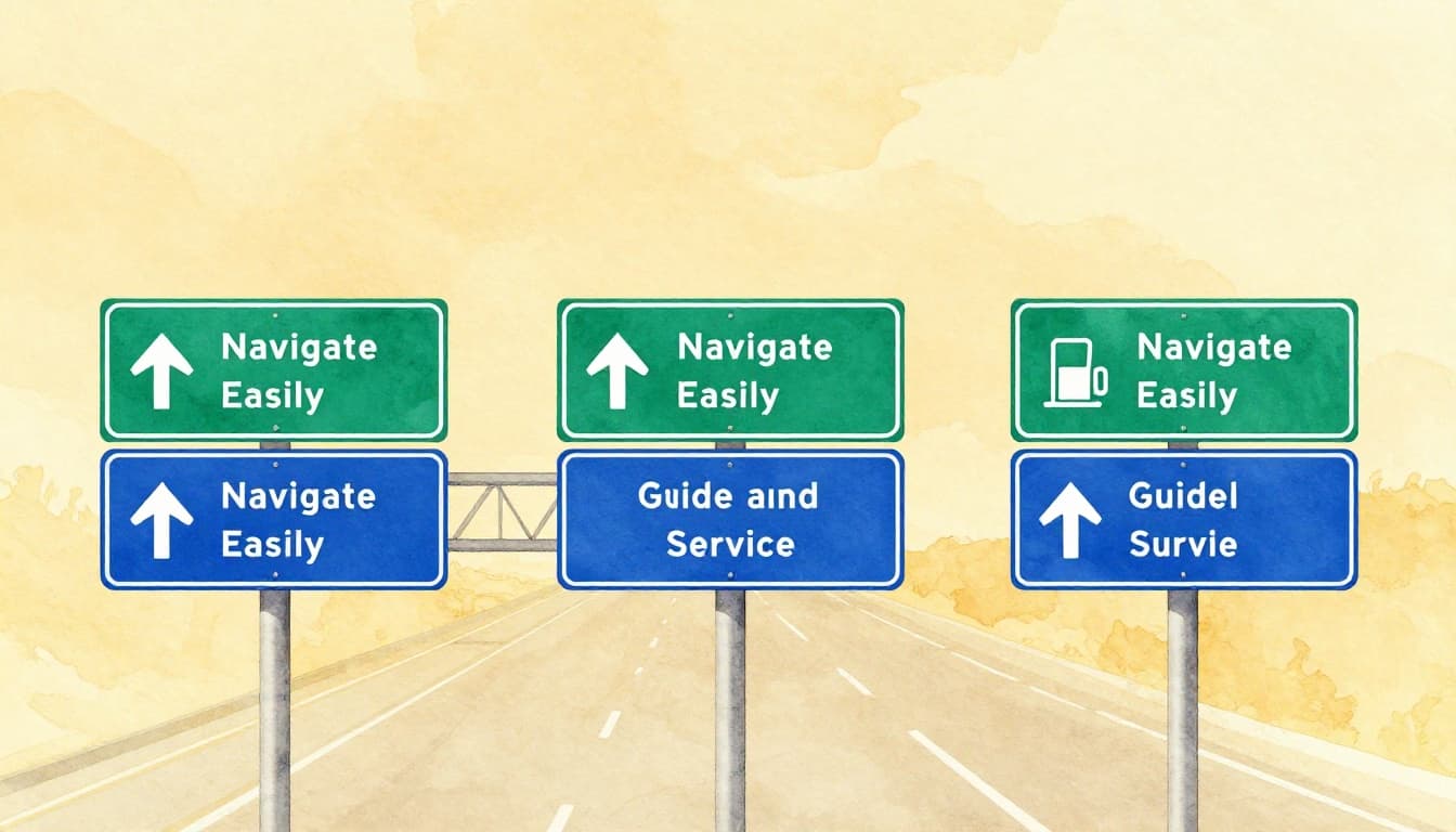 Green and blue watercolor guide signs for highway exit, hospital, and gas station along an interstate, featuring soft blending, brush texture, warm background tone, daytime highway scene with exactly three signs on poles, clean composition without vehicles, people, or text.