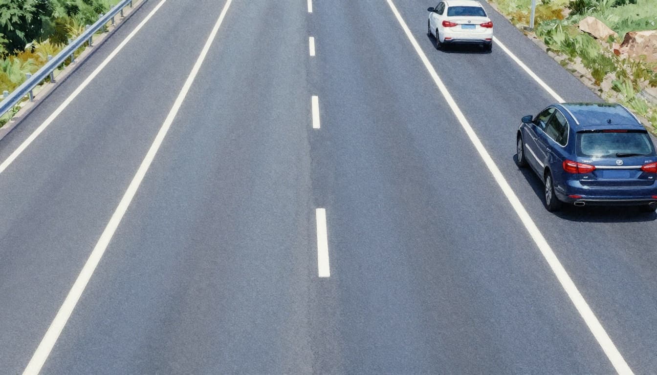 Highway road scene in watercolor style featuring solid, dashed, and double white lane lines for same-direction traffic, with exactly two cars in adjacent lanes, top-down angled view, daytime clear weather.