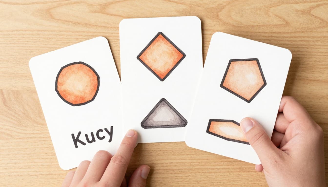 Flashcards displaying traffic sign shapes such as octagon, diamond, and pentagon on a wooden table, with a relaxed hand holding one card. Rendered in watercolor style featuring soft blending, visible brush texture, consistent warm tones, medium line weight, and soft natural light.