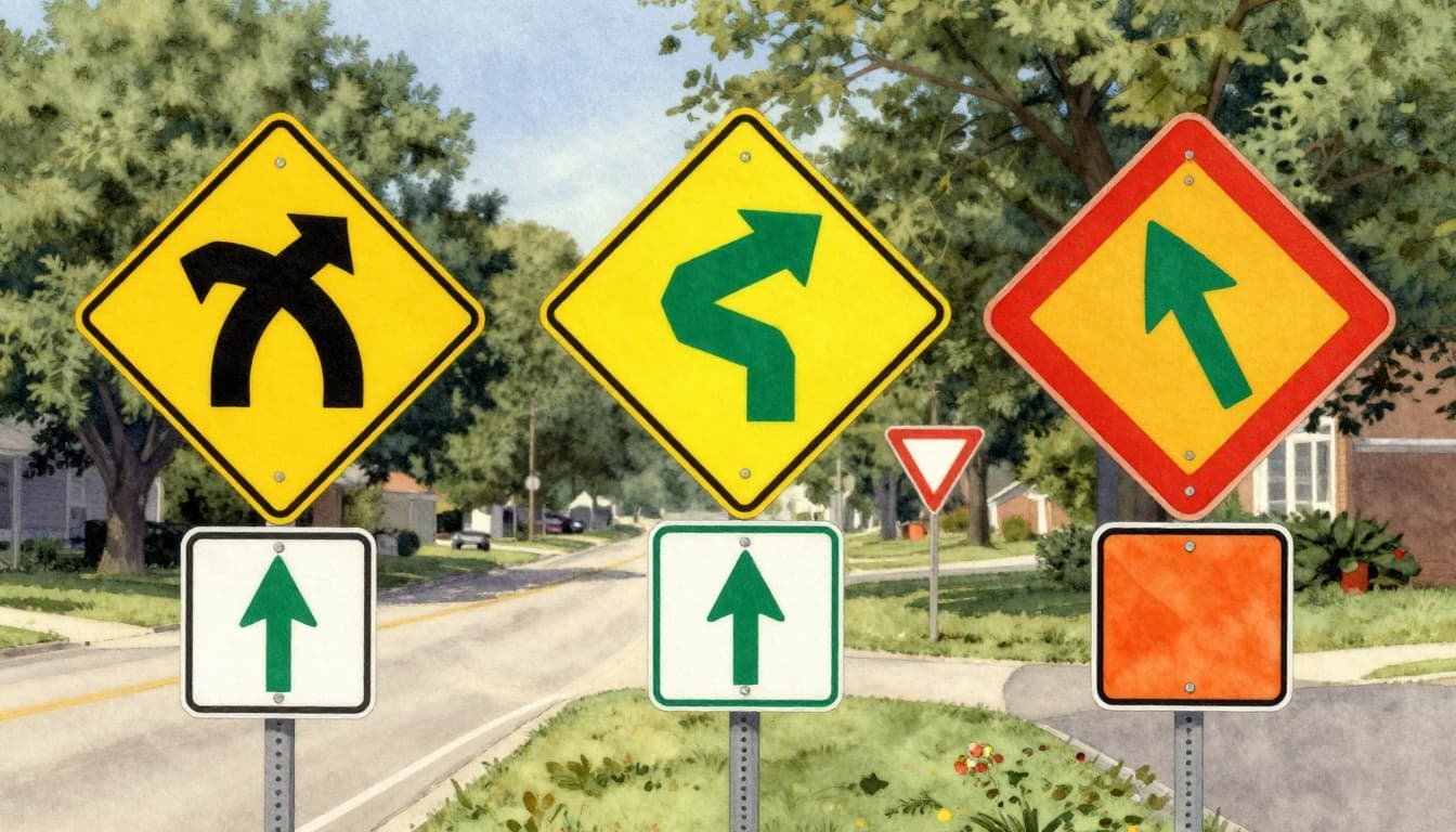 A watercolor-style illustration of exactly five common US road signs—red octagonal stop, yellow diamond curve warning, red-and-white yield triangle, orange construction pennant, and fluorescent green school zone—displayed on posts along a quiet suburban road during warm daylight, with soft blending, brush textures, trees, and pavement.