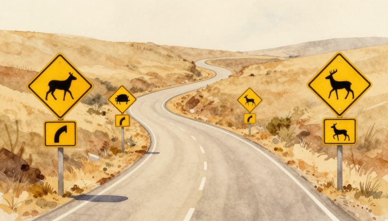 Yellow diamond warning signs for curve, pedestrian crossing, school zone, and deer crossing on a winding rural road, in watercolor style with soft blending and brush textures.