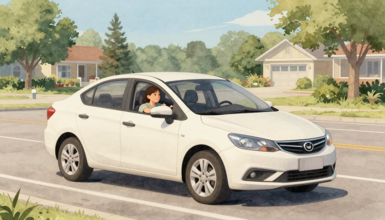 Young adult driver in a compact sedan practices smooth turns and braking on a quiet empty suburban parking lot during a sunny afternoon, shown in watercolor style with confident expression and proper posture.