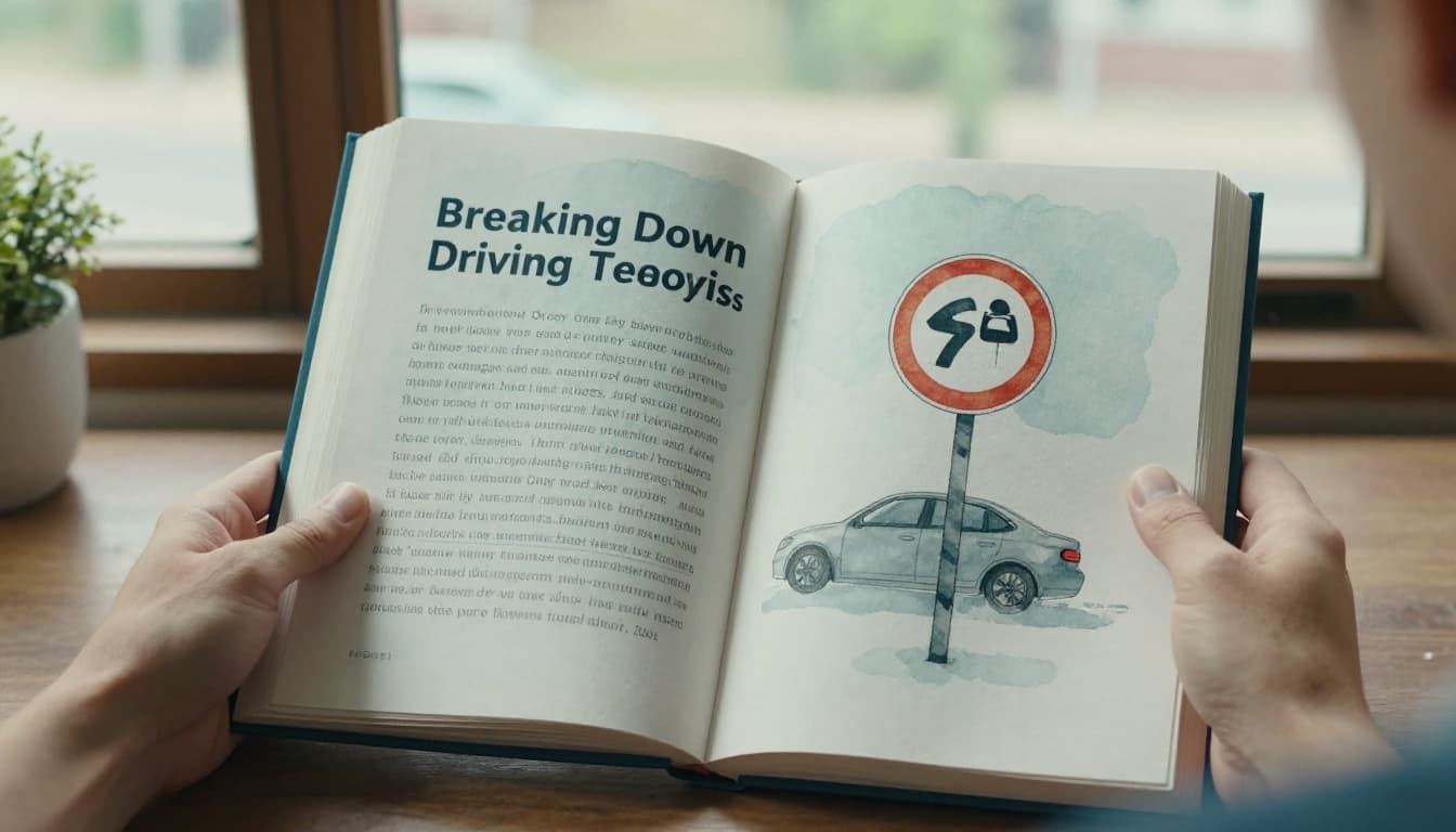 A young adult driver sits at a desk in a cozy home study room, focused on an open book of road signs and rules, with good posture and soft daylight from a window overlooking a quiet street. Watercolor-style illustration emphasizes learning driving theory basics like signs, alertness, and safe habits.